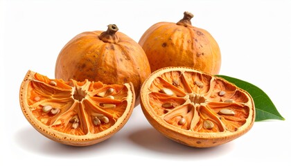 Still life presents two whole bael fruits and two halves revealing their inner seeds.