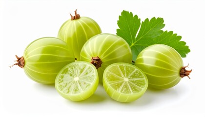 Studio shot featuring fresh gooseberries, halved and whole, with leaves on white backdrop.