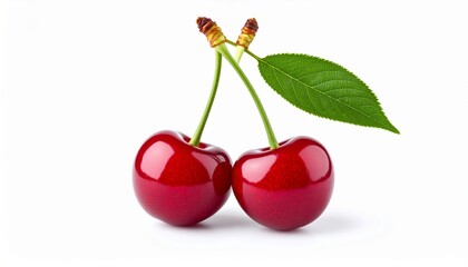 Two ripe, shiny cherries with stems and a leaf rest on a stark white background.