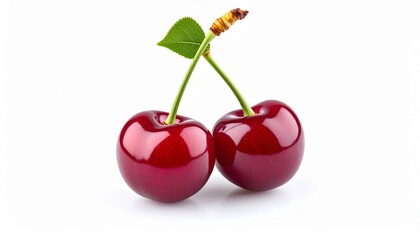 Two ripe, vibrant red cherries, still connected by their stems and leaf, shine brightly.