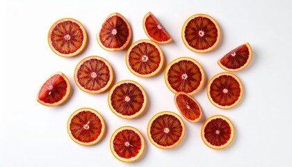 Vibrant blood orange slices arranged on a clean white surface, showcasing fresh fruit.