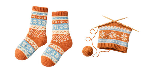 Hand-Knitted Nordic Pattern Socks and Knitting Work in Progress