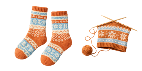 Hand-Knitted Nordic Pattern Socks and Knitting Work in Progress