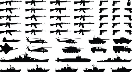 Military weapons and vehicles silhouettes set with rifles pistols tanks helicopters ships, isolated on white background illustration vector design collection © Shahariar's World