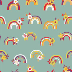 Trendy seamless pattern with colorful rainbow on color background. Design for invitation, poster, card, fabric, textile, fabric. Cute holiday illustration for baby. Scandinavian doodle style.