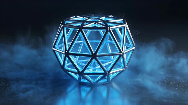 Glowing geometric object dissolving into blue digital particles