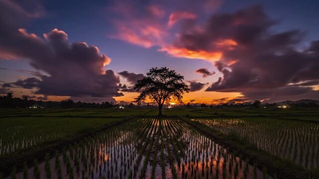 Time lapse of clouds moving over a single tree in a green rice field from morning to night with changing sunlight and shadows.