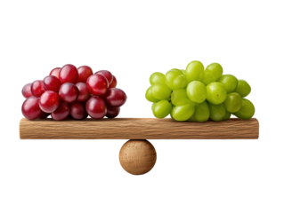 Wooden balance scale with grapes traditional wooden balance scale displaying fresh grapes illustrating harmony and natural weight