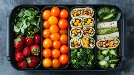 A healthy lunchbox with a variety of fresh fruits, vegetables, and wraps.
