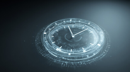 Futuristic glowing clock dial icon floating in center with holographic interface style
