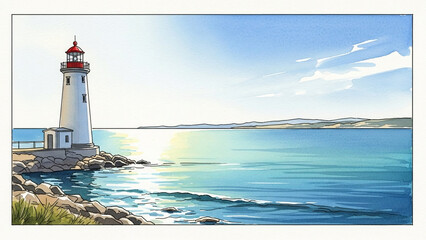旅情を誘う岬の灯台と輝く海面を描いた手書き風アート