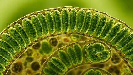 Microscopic view of Spirogyra algae cells in a spiral arrangement