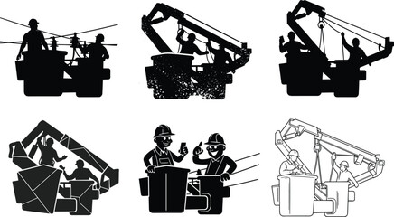 Set of utility bucket truck silhouettes with electrical workers repairing overhead power lines for industrial maintenance and energy infrastructure design, © Mdjoshel 