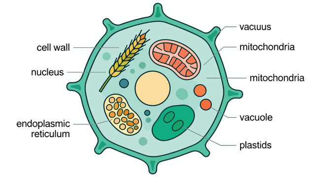 Diagram of a plant cell showing organelles like the nucleus, mitochondria, and vacuole