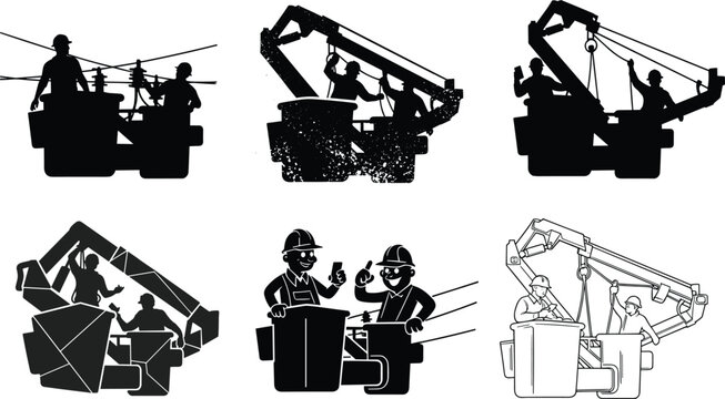 Set of utility bucket truck silhouettes with electrical workers repairing overhead power lines for industrial maintenance and energy infrastructure design,