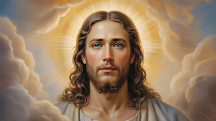 A compassionate portrait of Jesus Christ with blue eyes, long hair, beard, halo, and radiant light