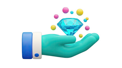 Obraz premium 3D Hand Holding a Diamond with Floating Spheres