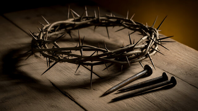 A crown of thorns and old rusty nails are displayed on a rustic wooden table