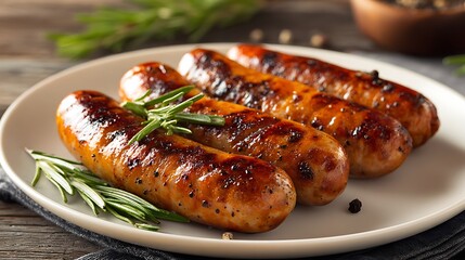 Plate of grilled sausages with simple seasoning, clean presentation, soft natural lighting