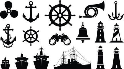 Nautical maritime silhouettes set with anchors ship wheels lighthouses ships binoculars isolated on white background ocean illustration collection © Shahariar's World