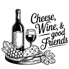 Cheese Wine and Good Friends Vintage Illustration for Kitchen Decor