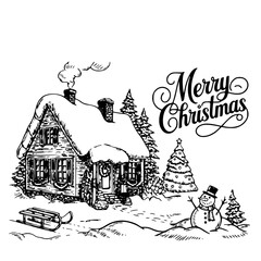 Merry Christmas Vintage Snow Covered Cabin and Snowman Illustration
