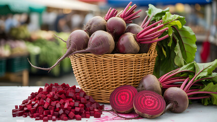 Fresh beets in a wicker basket at a bustling farmers market