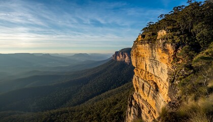Majestic Blue Mountains landscape with towering cliffs and vast valleys at sunrise.