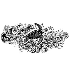 Sea Turtle Swimming in Decorative Ocean Waves Line Art