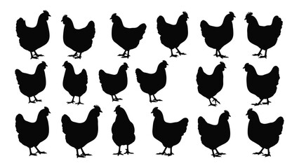 A collection of silhouetted chickens arranged in a grid pattern on a white background © BIPUL