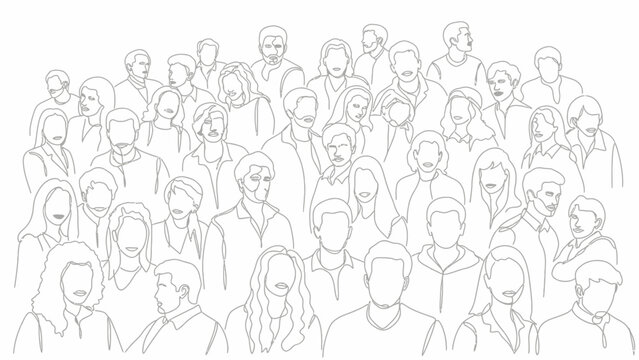A detailed line drawing depicts a large crowd of diverse people with their faces left blank, creating a sense of anonymity.
