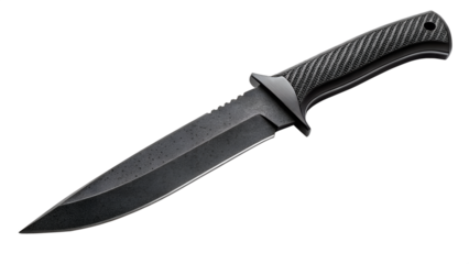 A single sharp hunting knife with a black handle and stainless steel blade isolated on a white background as a professional kitchen tool or metallic cutting equipment