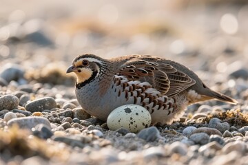 A quail sits protectively beside its speckled egg on a rocky ground.