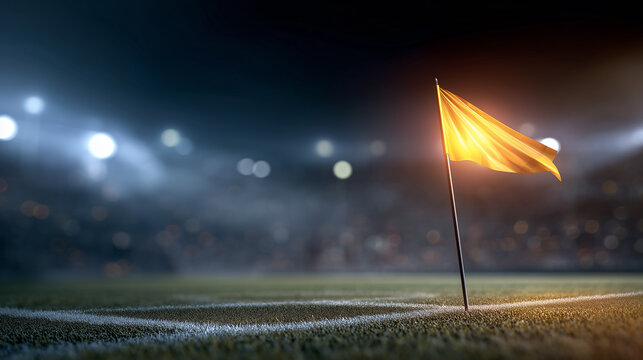 Glowing corner flag icon positioned diagonally on football stadium field at night