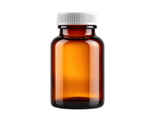 An empty, glossy amber glass medicine bottle with a white, ribbed screw-on cap. The container is designed for pills or supplements.