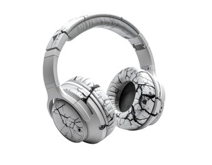 A pair of white over-ear headphones with a black cracked marble design. The modern headset features cushioned earcups and an adjustable headband.