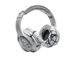 A pair of white over-ear headphones with a black cracked marble design. The modern headset features cushioned earcups and an adjustable headband.
