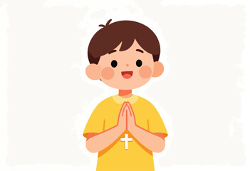 Obraz premium Young child with short brown hair, smiling, hands clasped in prayer with a cross emblem