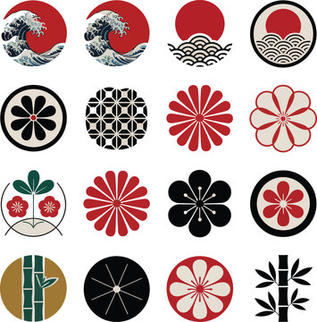 A collection of traditional japanese patterns featuring flowers, waves, and nature elements