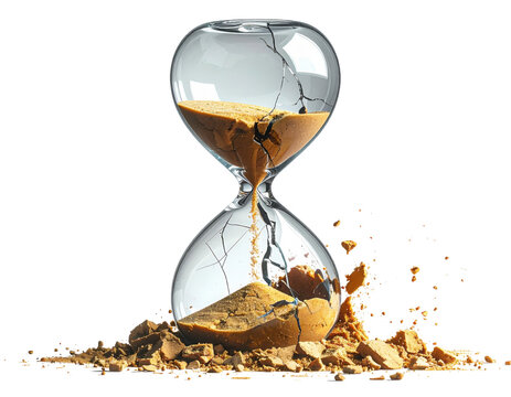 A cracked and shattering glass hourglass with golden sand spilling from its broken base as time continues to flow from the top.