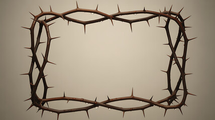 A rectangular frame made from thorny branches with small water droplets against a simple light background
