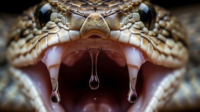 Extreme closeup of a snakes open mouth with dripping venom