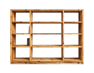 A large, rustic wooden bookshelf with multiple empty compartments and a prominent natural grain. A few books are visible on the shelves.