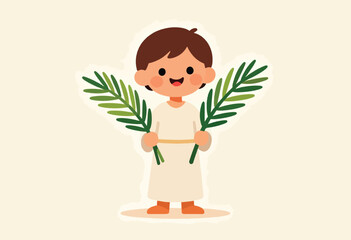 A joyful child in robes holds palm fronds, celebrating
