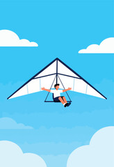 Person with arms outstretched enjoys a hang-gliding flight through a blue sky with clouds