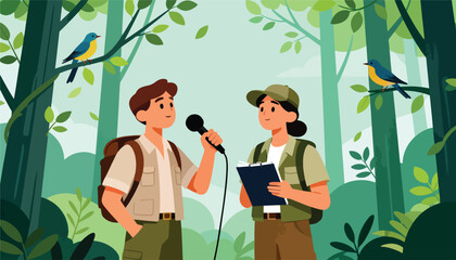 Two people documenting flora and fauna in a lush, green forest