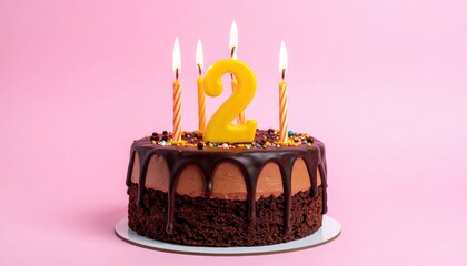 A chocolate birthday cake with a number 2 candle and four lit candles, decorated with sprinkles on a pink background, celebrating a second anniversary or birthday.