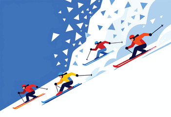 Four skiers race down a snow-covered slope with a blue sky above