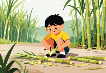 A young boy kneels, meticulously peeling sugarcane in a lush field of bamboo stalks