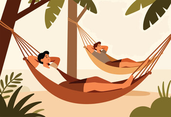 Two individuals relax peacefully in hammocks suspended between trees